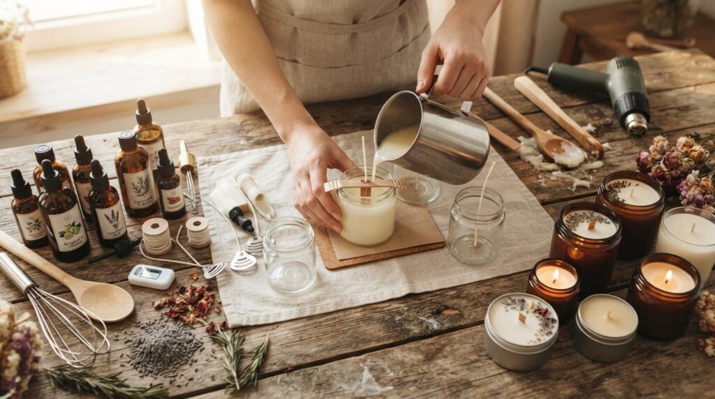 Lifestyle flat lay image of a DIY candle making workspace fe