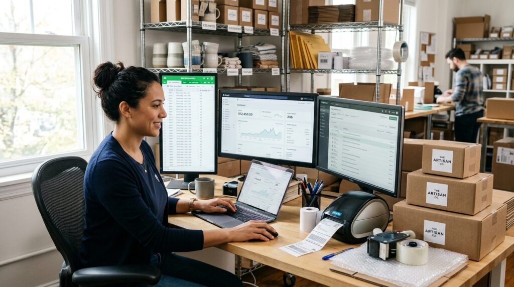 Photorealistic stockfoto of an e-commerce business owner wor