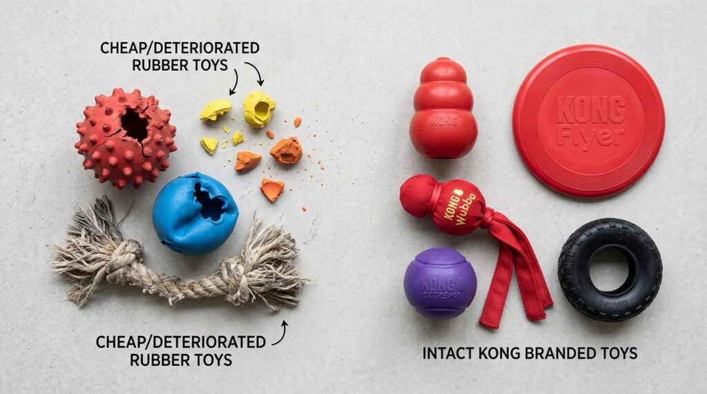 Overhead flat lay product photography of various dog toys ar