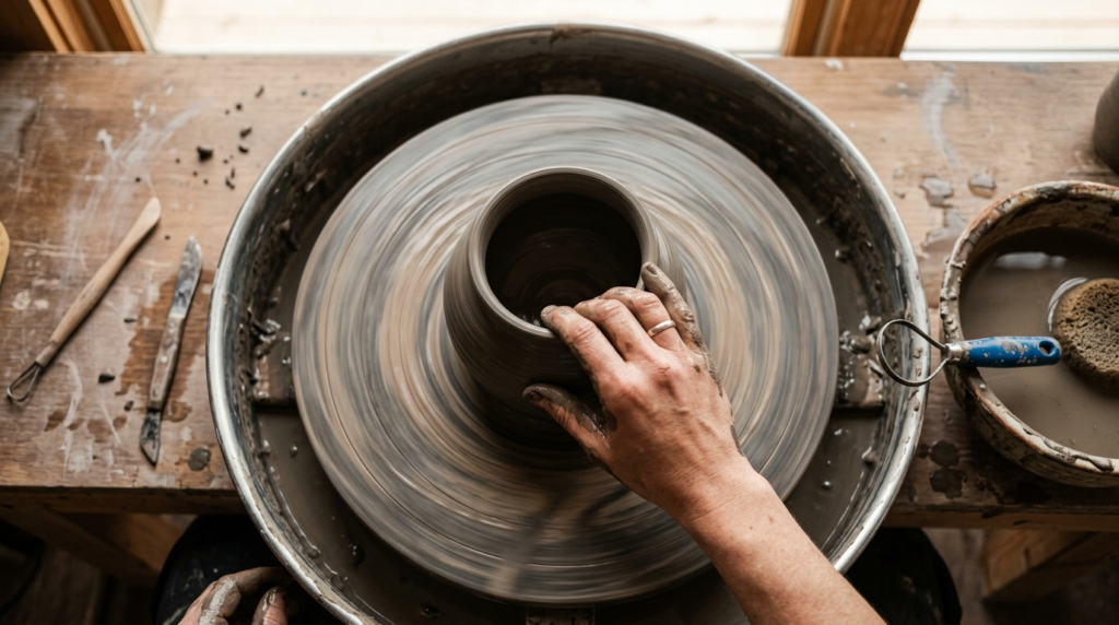 Close-up overhead shot of a potters hands shaping clay on a