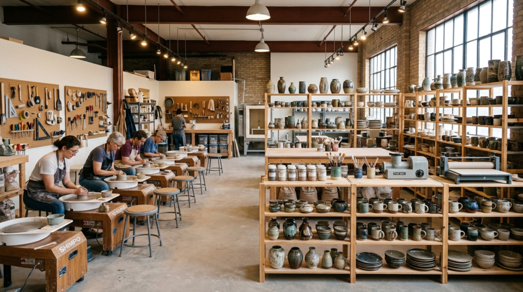 Wide-angle view of a complete ceramic workshop setup with mu