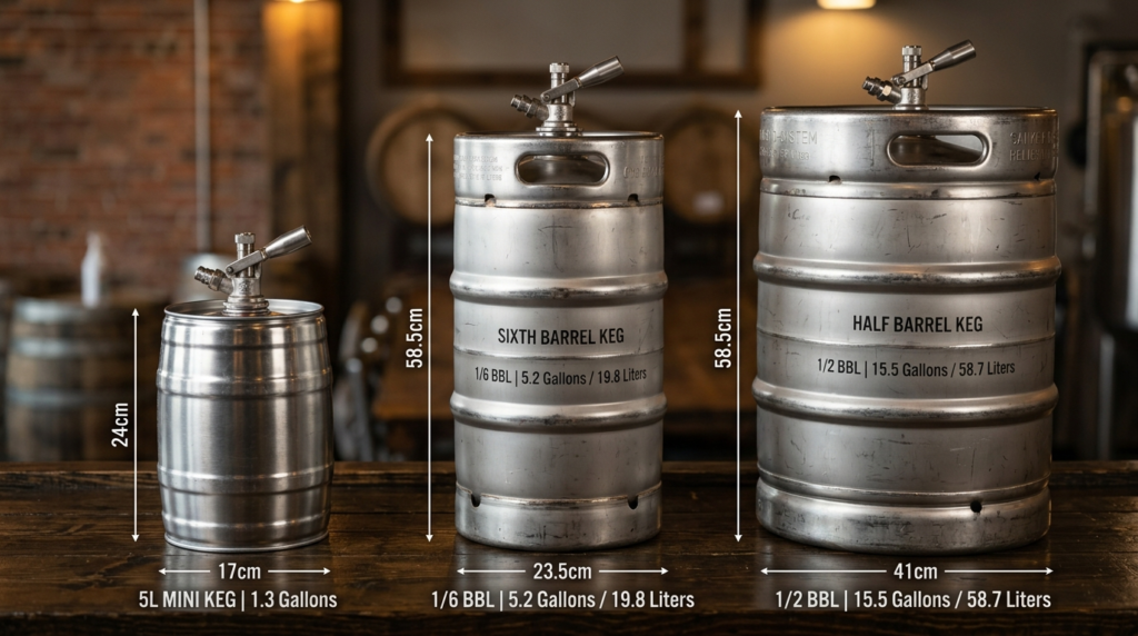 Close-up comparison shot of three different beer keg sizes a