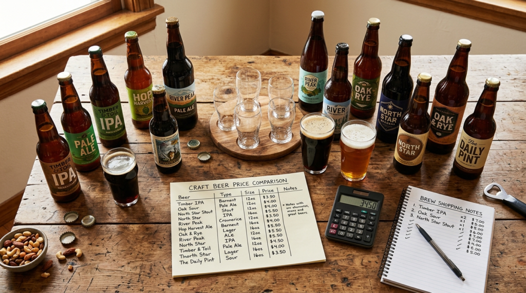 Overhead flat-lay composition of craft beer selection with v