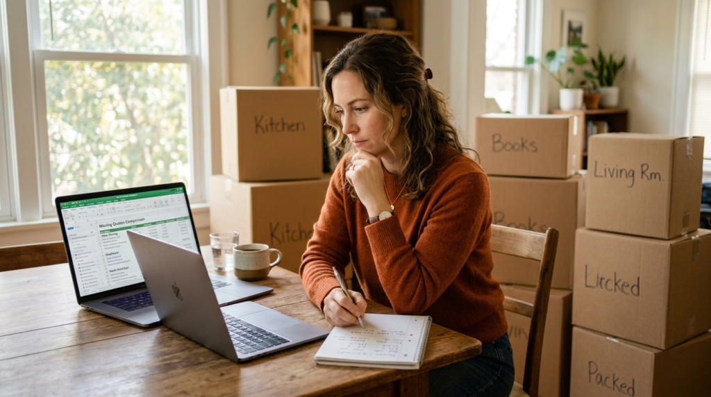 Woman sitting at home reviewing moving quotes on laptop with
