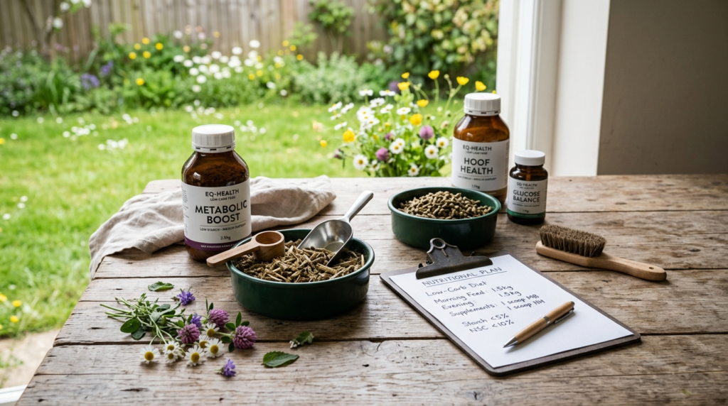 Flat lay product photography of low-carb equine feed and met