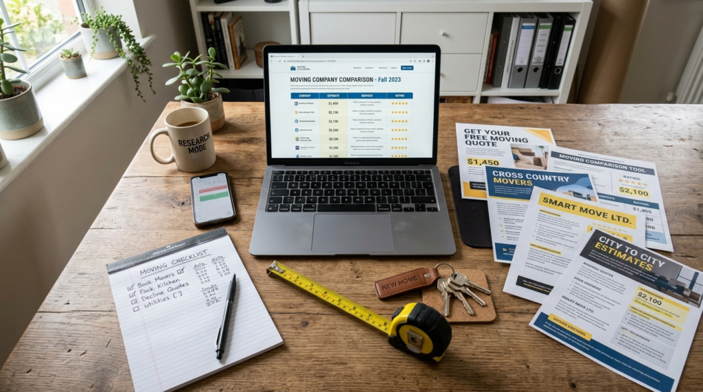 Wide overhead view of moving house planning workspace: lapto