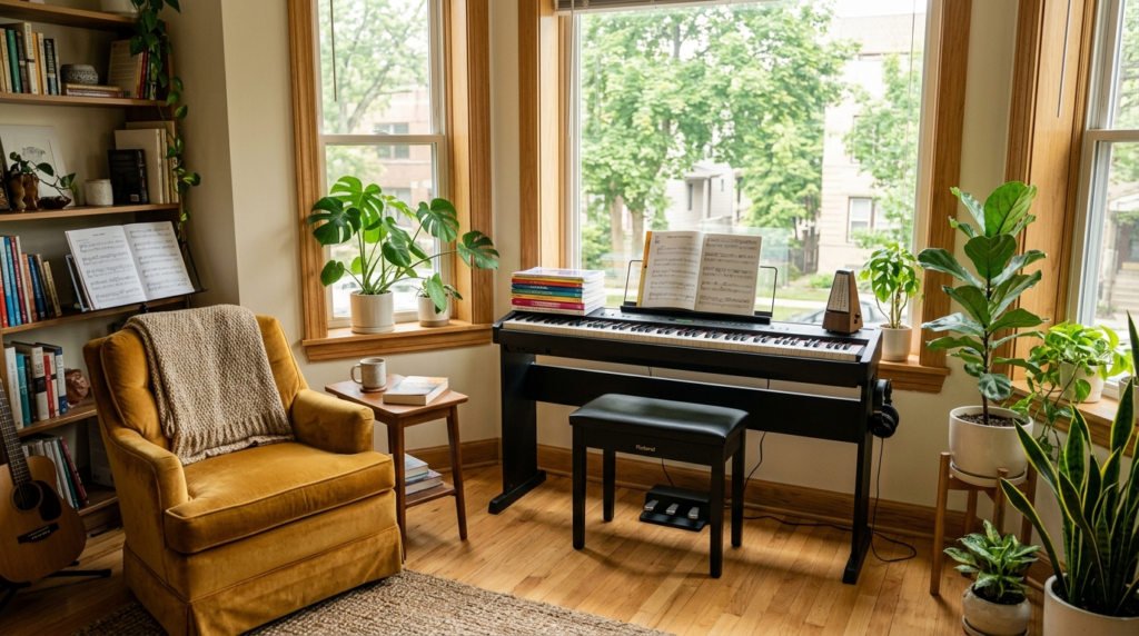 Wide shot of a home music room setup featuring a full-weight