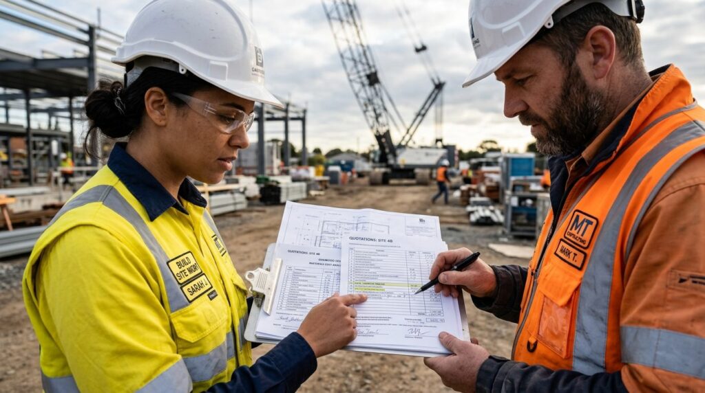 Close-up of construction manager and contractor comparing do