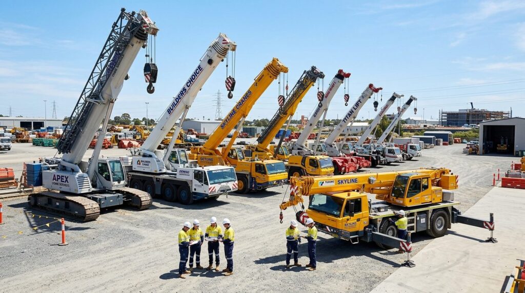 Wide shot of construction site with multiple crane services