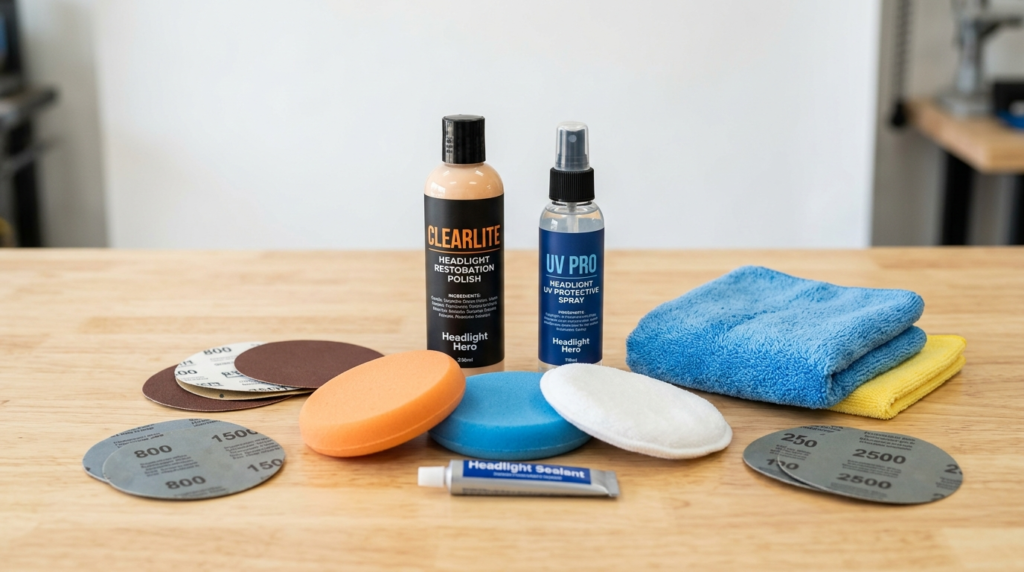 Realistic product shot: Headlight restoration kit laid out o