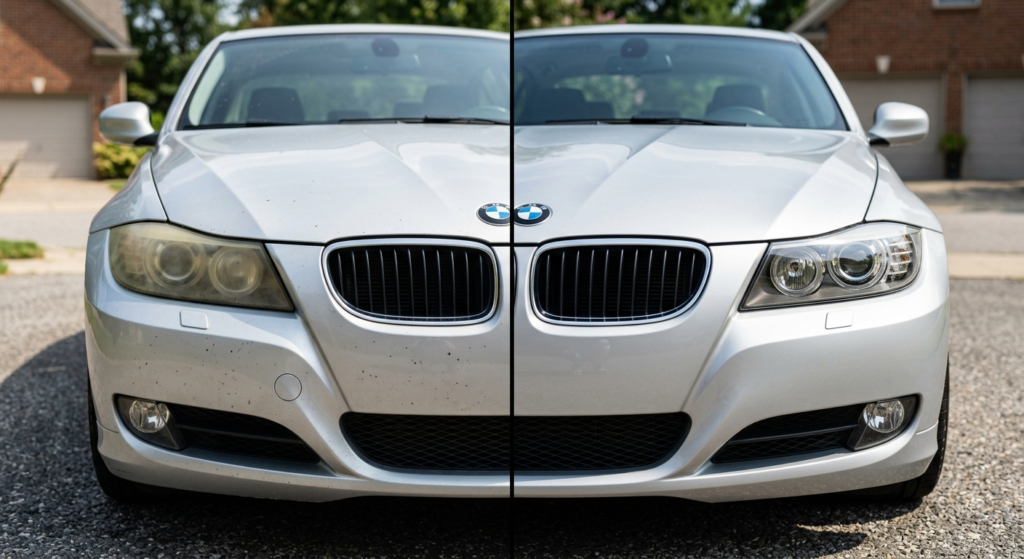 Before and after automotive detail: Split image showing a ca