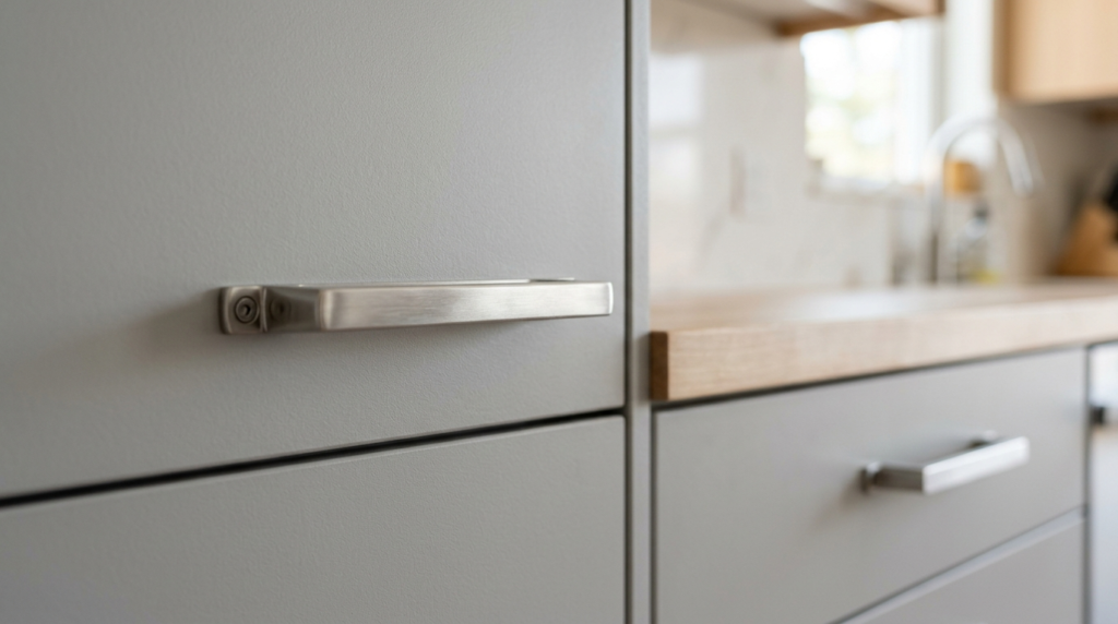 Close-up detail shot of premium kitchen cabinet hardware and