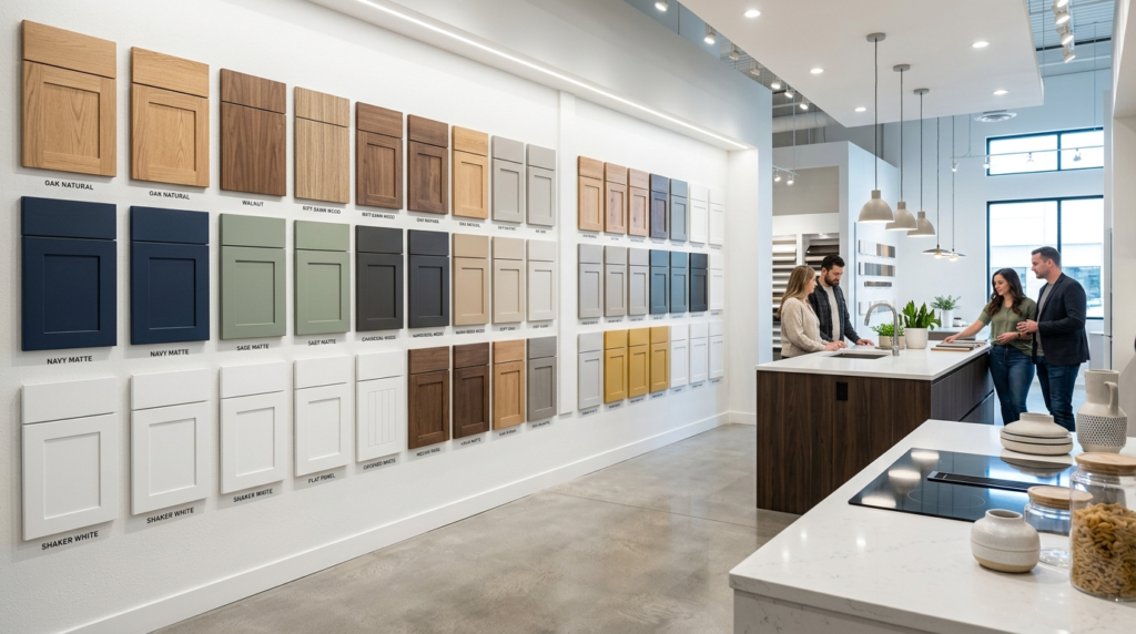 Bright, modern kitchen showroom or display setting featuring