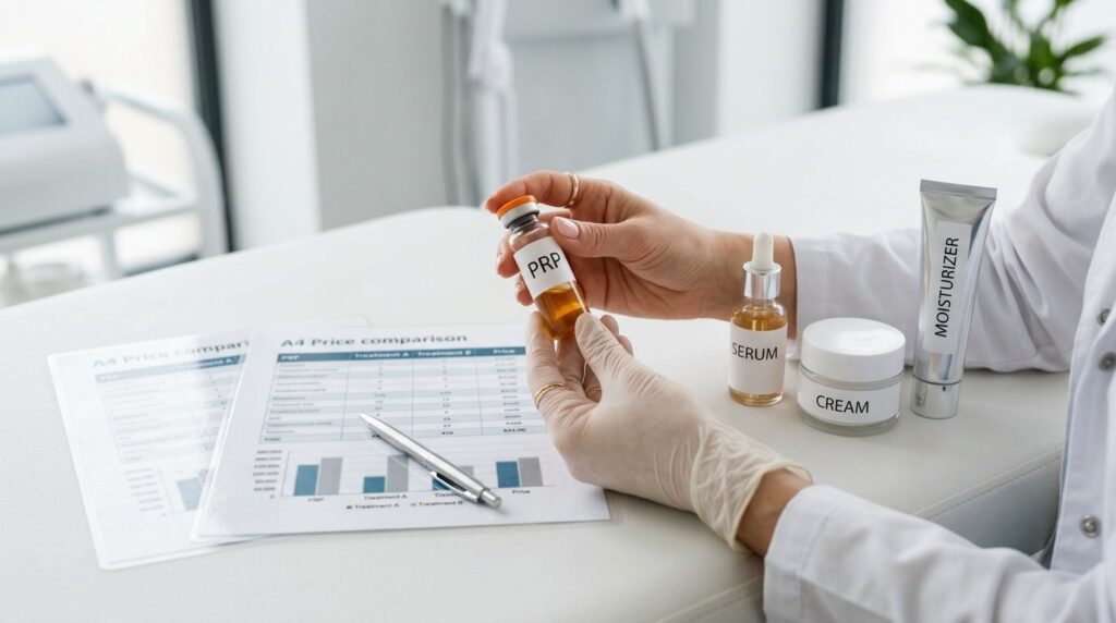Close-up of a cosmetic specialists hands holding a vial of 