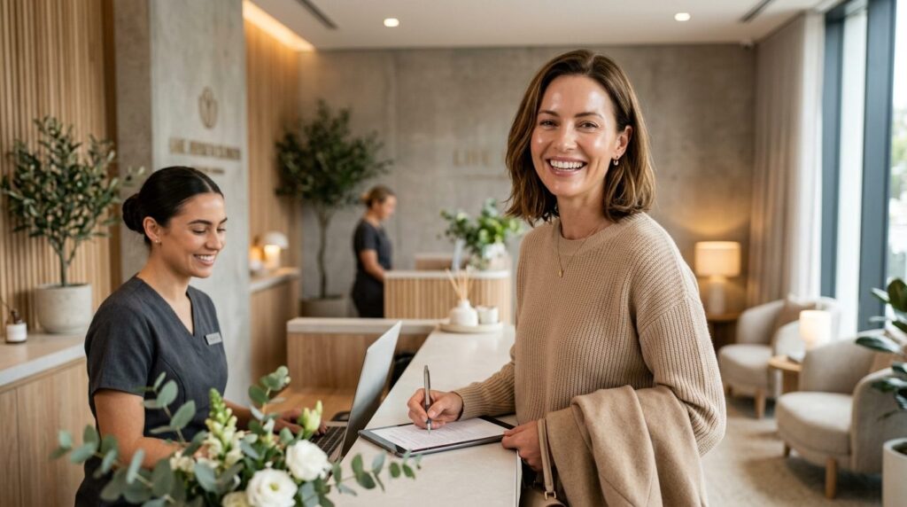 Satisfied female customer smiling at a beauty clinic recepti