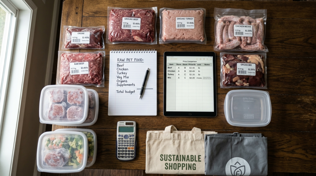Overhead flat lay of smart shopping for raw pet food: shoppi