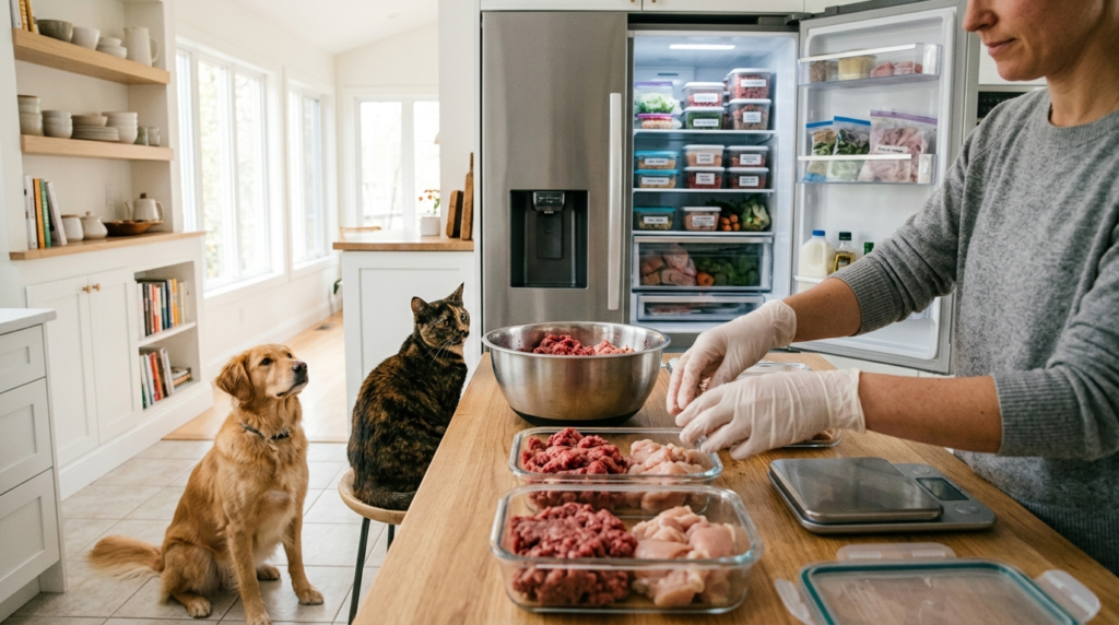 Close-up lifestyle shot of pet owner preparing raw food meal
