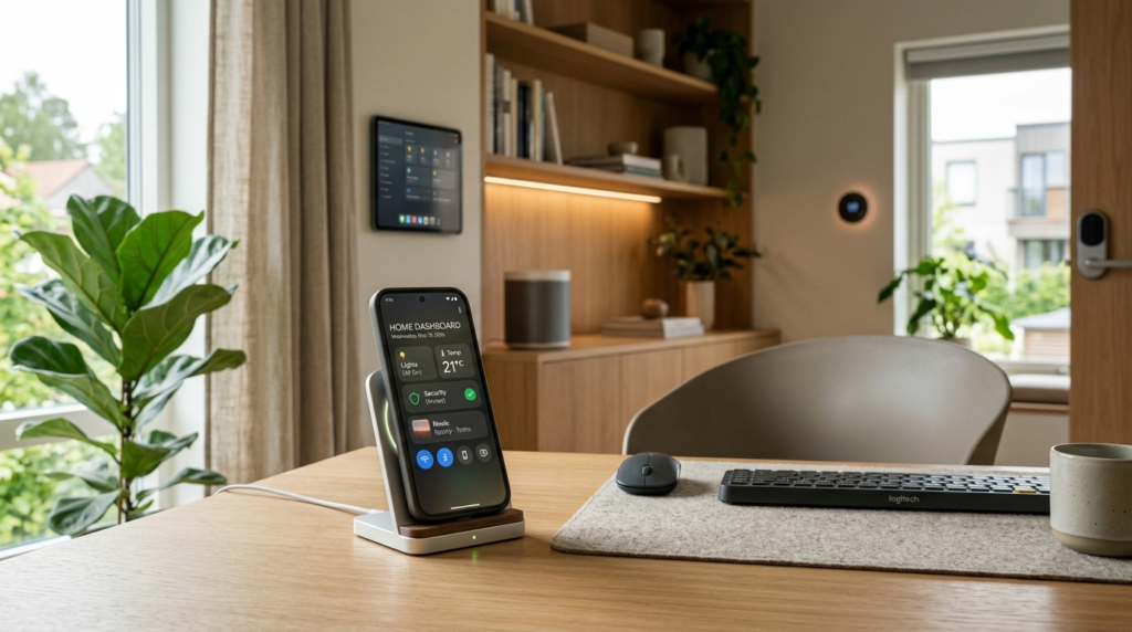 Contemporary home office scene in 2026 showing a smartphone 