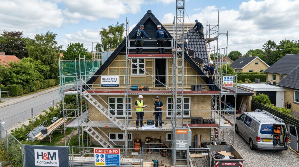 Photorealistic image of a Danish suburban house exterior dur