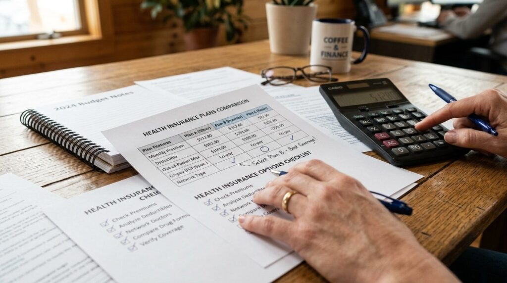 Close-up of hands reviewing health insurance documents and p