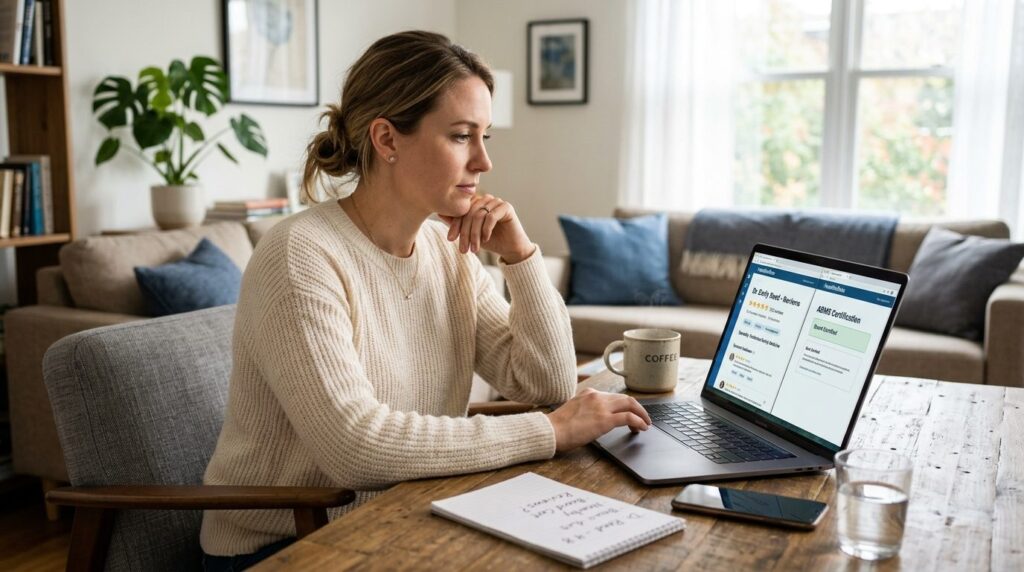 Woman sitting at home laptop comparing reviews and credentia