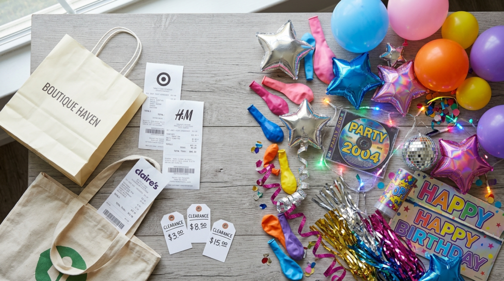 Overhead shopping flat lay scene showing receipts, shopping
