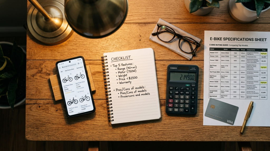 Close-up flatlay photography of e-bike buying essentials arr