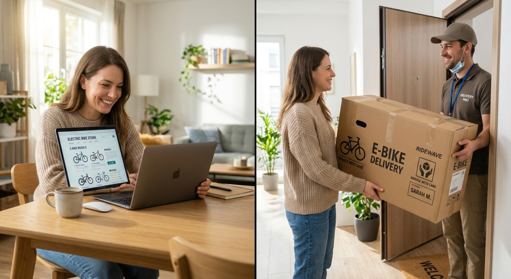 Split-screen concept image showing a customer at home resear