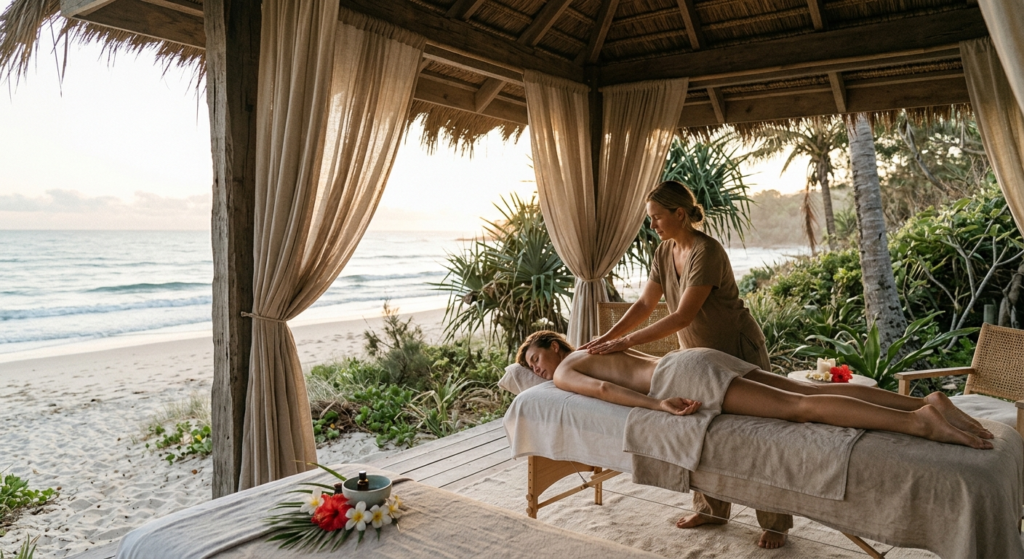 Photorealistic serene beach wellness scene featuring woman r