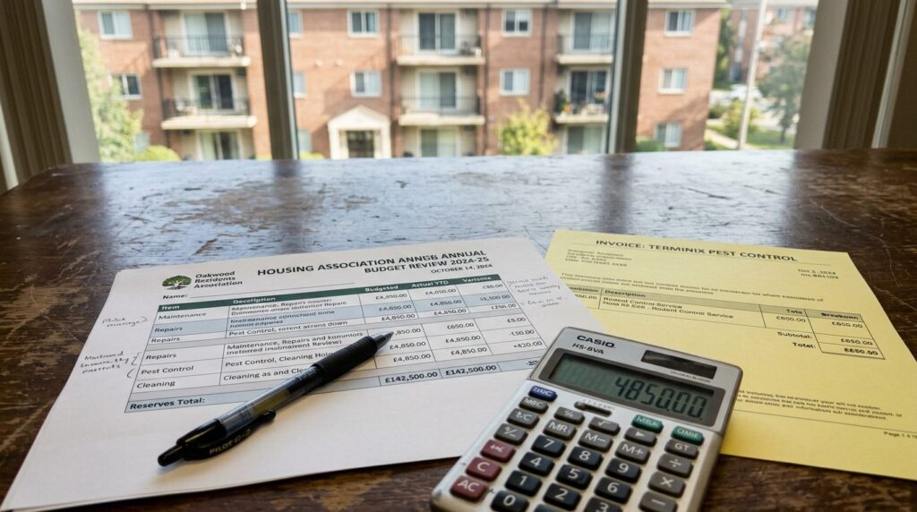 Close-up of housing association meeting document with budget