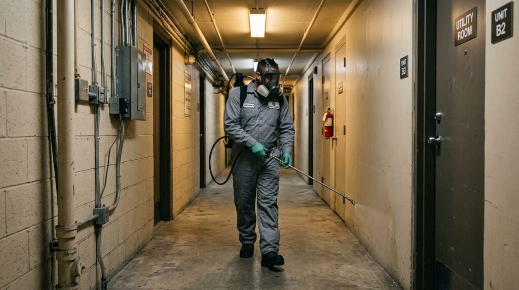 Professional pest control technician spraying preventative t