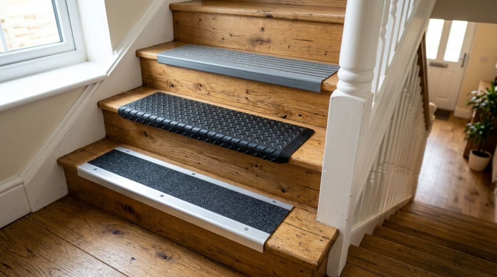 Close-up photorealistic view of different anti-slip stair tr