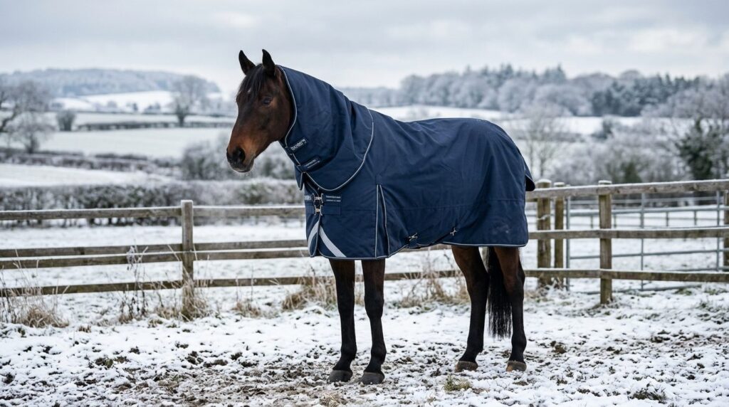 Horse wearing properly fitted winter blanket in paddock duri