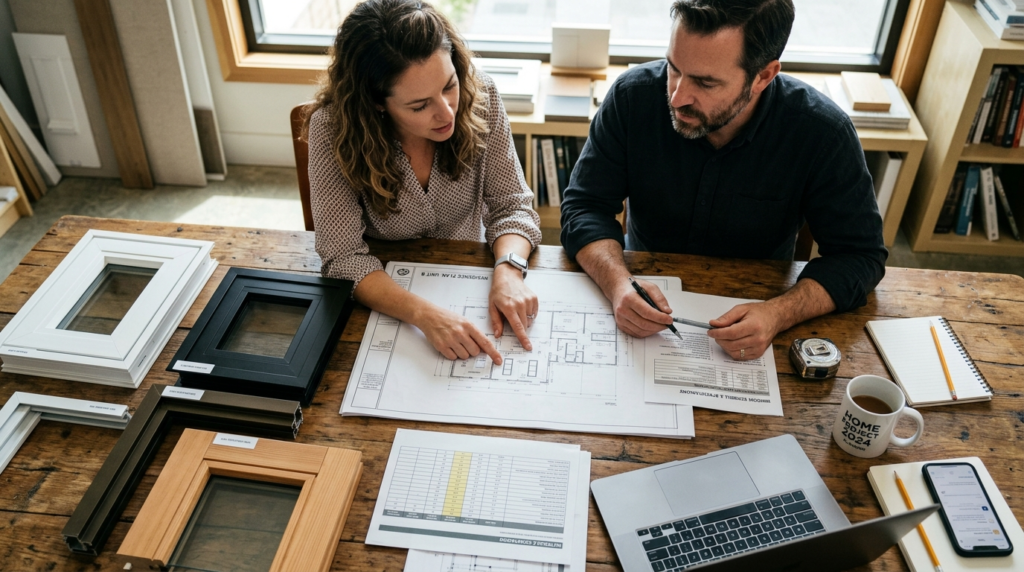 Close-up overhead shot of a homeowner and architect reviewin