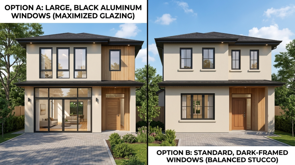 Split-screen comparison showing different window styles and 